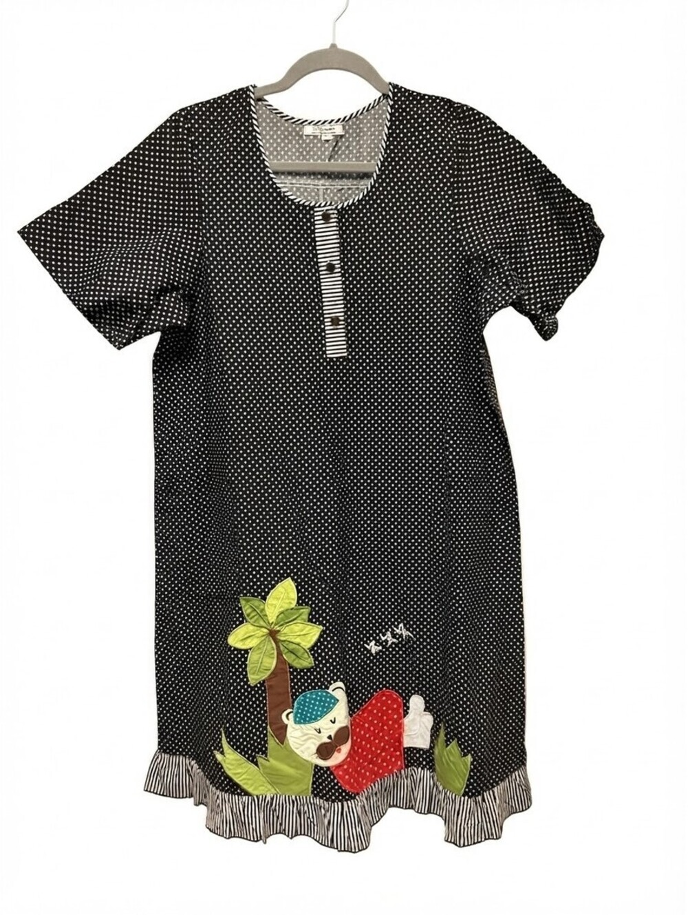 Bordir Black Polka Dot Novelty Applique Tunic Dress Sz L